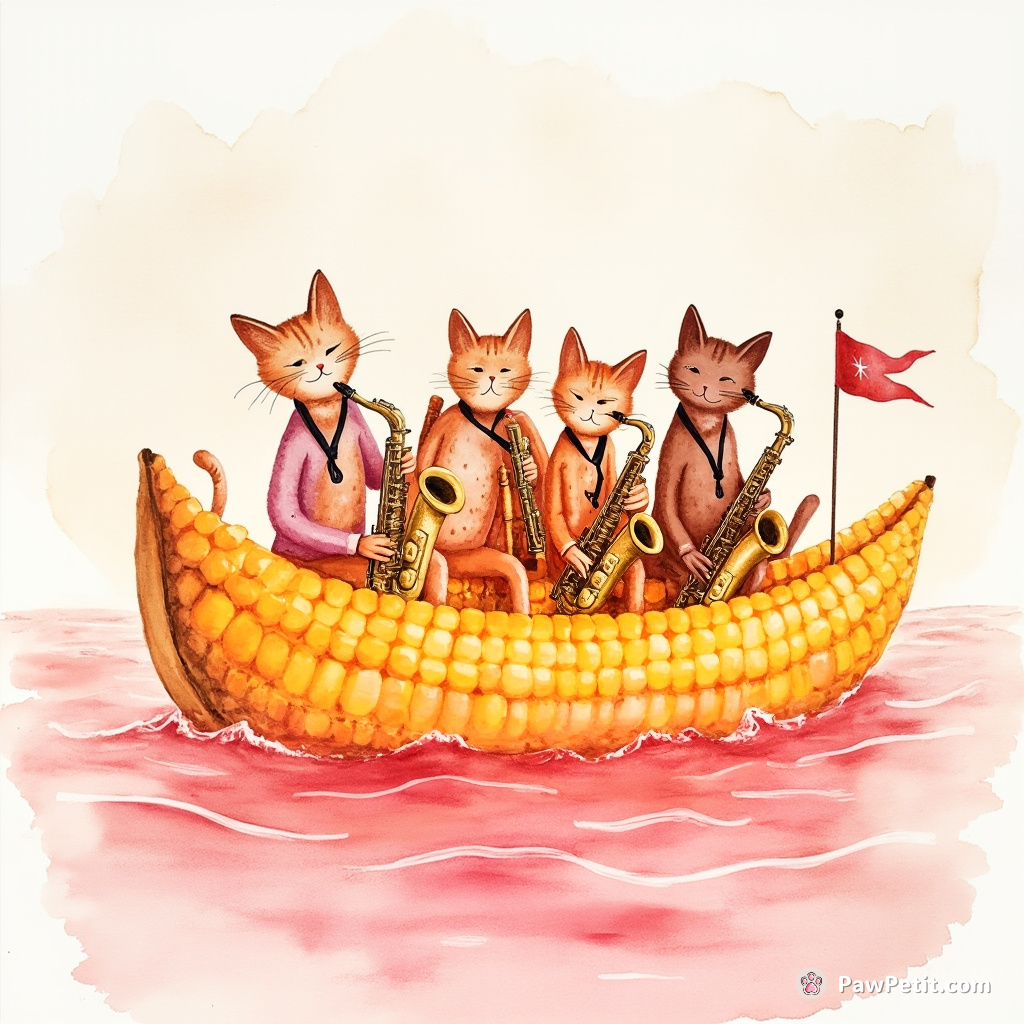 A crimson cat jazz band playing saxophones on a corn cob boat floating in a pink lemonade ocean.