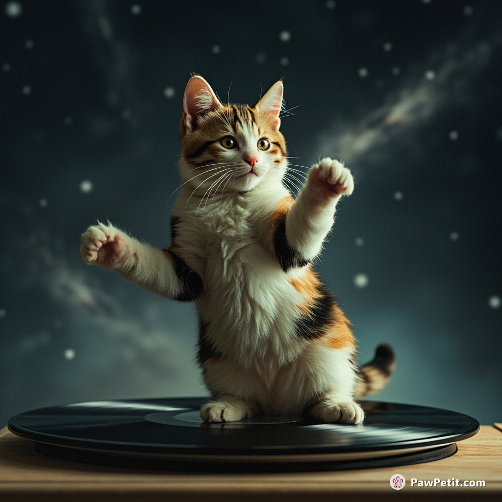 A calico cat breakdancing on a spinning vinyl record amidst a meteor shower.