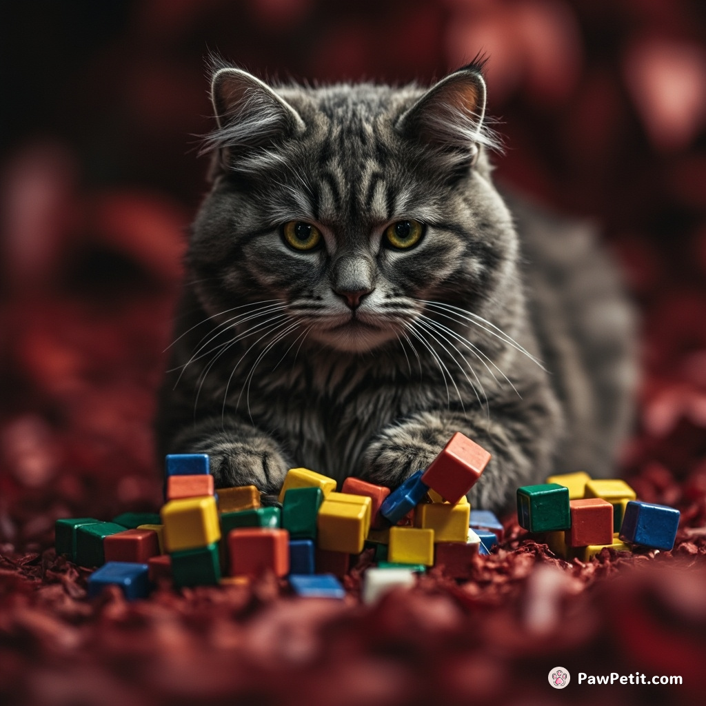 A grayscale cat fitting together cubes of a multi-colored Rubik's-serpentine puzzle in an infrared rainforest.