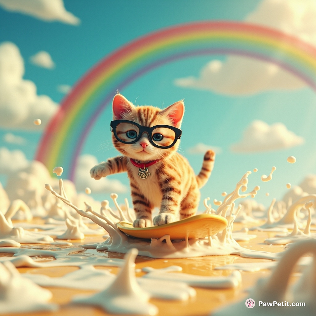 Cat surfing on a sea of spilled milk under a rainbow spaghetti sky.
