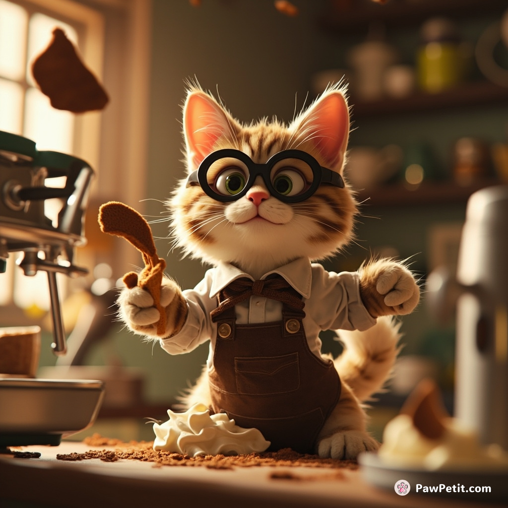 The cat, disguised as a barista, hilariously bats at espresso foam, causing coffee chaos and a latte of laughs.