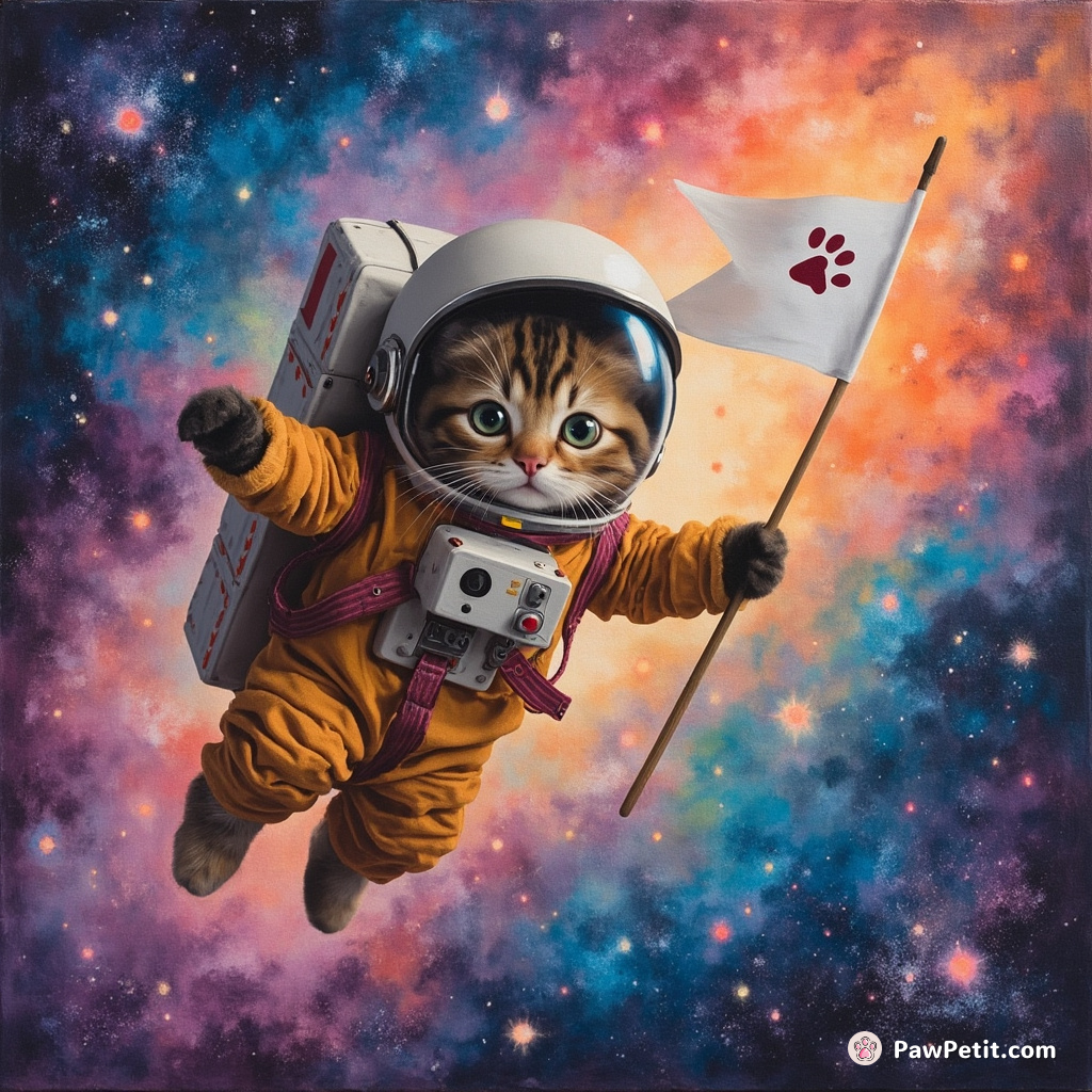 Cat in astronaut suit serenely floating through rainbow sherbet galaxy, holding tiny flag of paw prints and whiskers.
