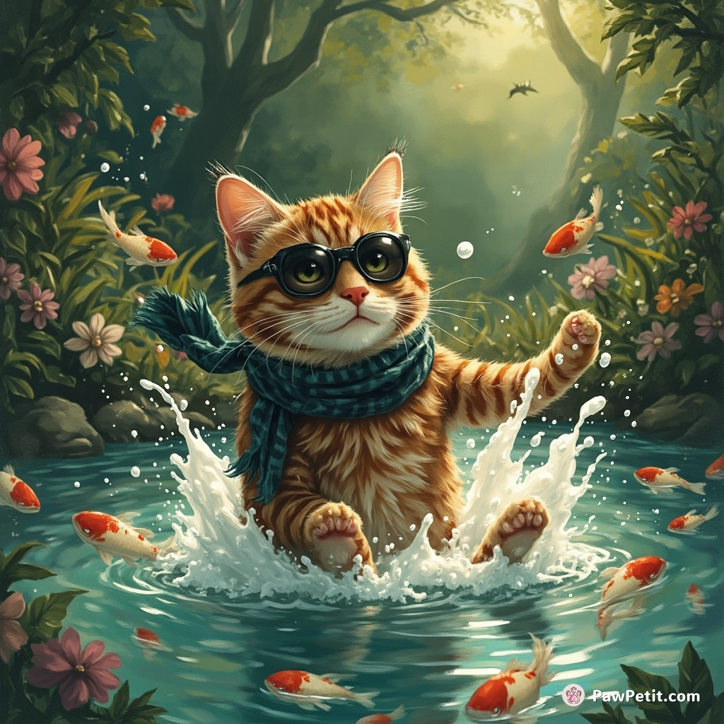 Cat burglar in disguise falls into fishpond mid-raid, shaking wet fur turns innocent garden party into unexpected foam fest.
