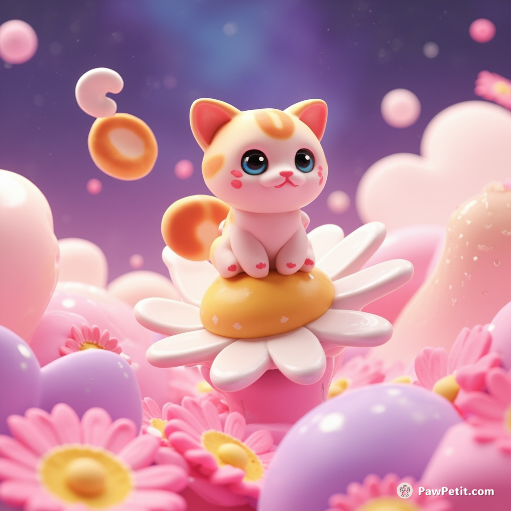 A three-tailed cat riding a floating daisy through a galactic dessert made of ethereal jelly.