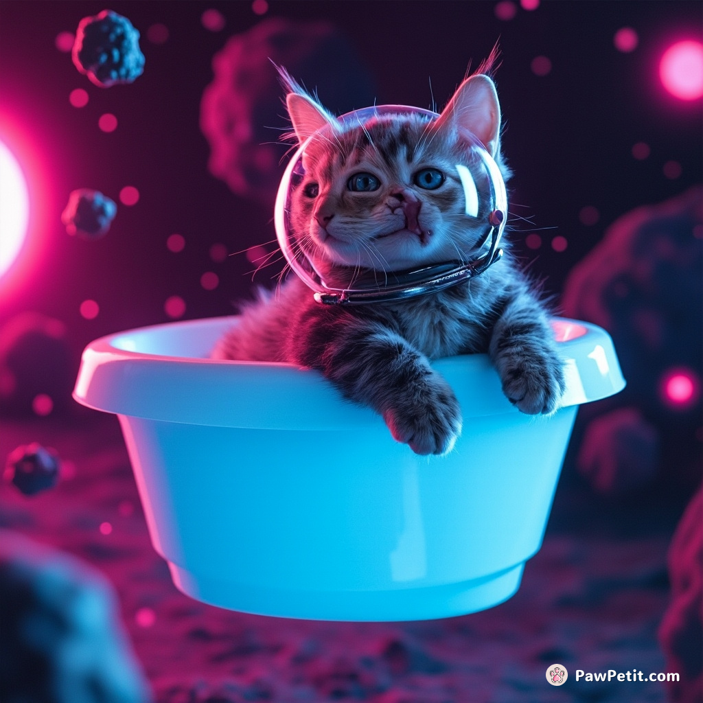The feline, donning a tiny space helmet, pilots a levitating bathtub through a neon asteroid field, purring with delight.