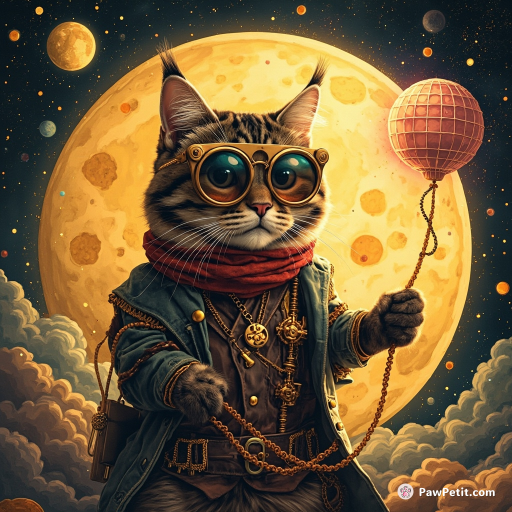 Steampunk cat throwing a cosmic disco party on a cheese moon.