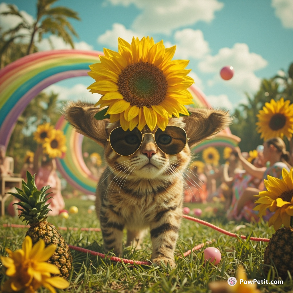 A large sunflower cat using a rainbow as a skipping rope in an outdoor tea party with pineapples guests.
