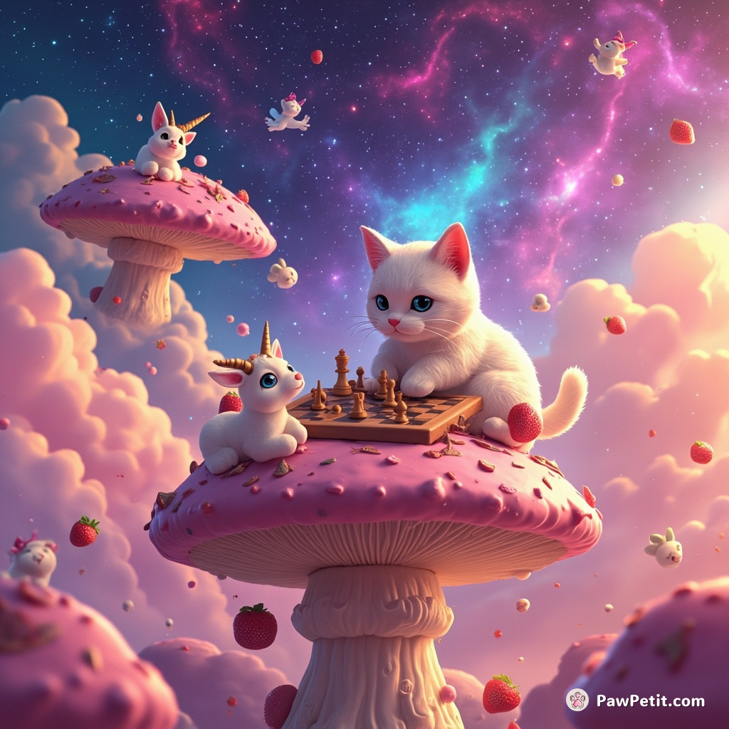 A cosmic galaxy cat playing chess on a mushroom-shaped planet with unicorn goats under a strawberry milkshake sky.