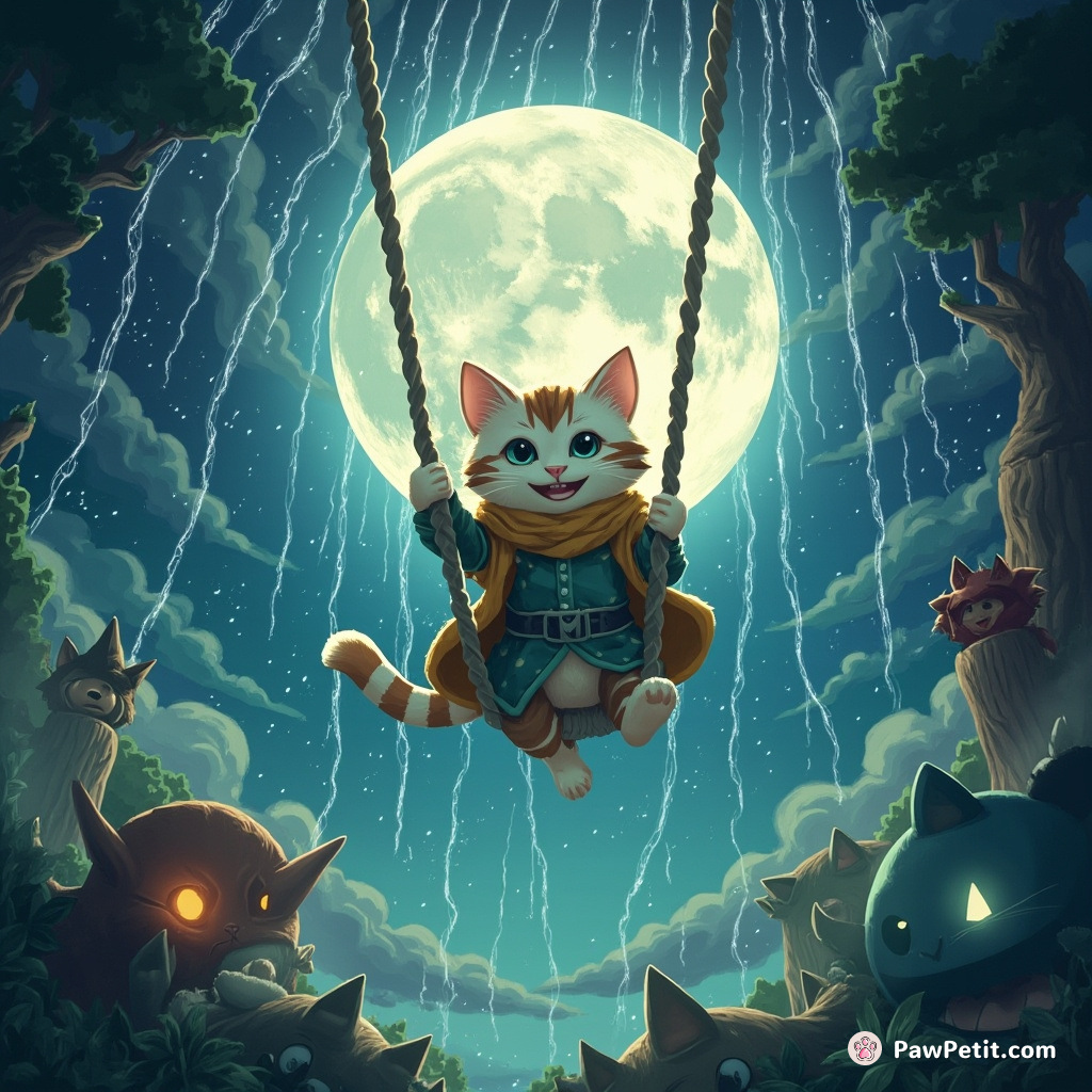 In a magical kingdom, valiant cat, Whiskers swung down the moon-shower to courageously rescue princess Mewlody from sinister dog-ogres.