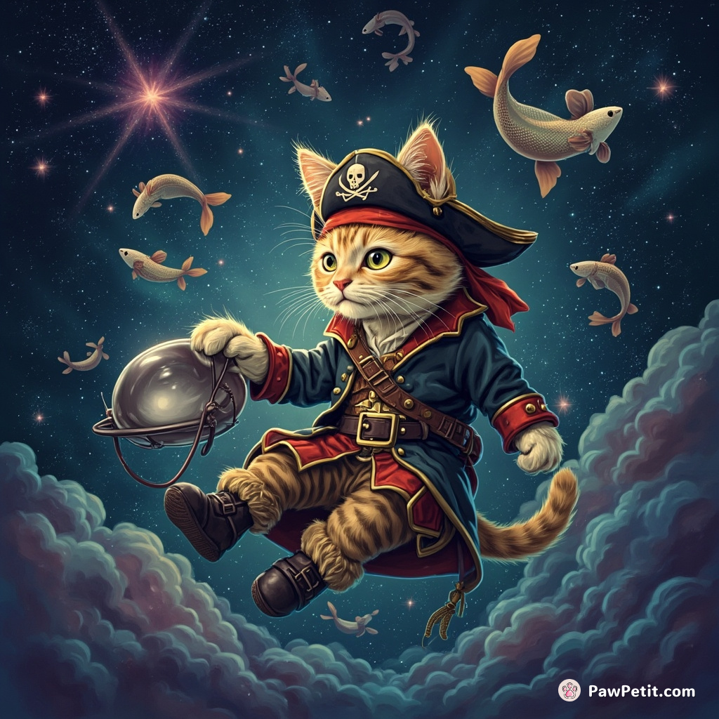 A pirate cat hacking a cyberspace mouse, floating in metaphysical cosmos with stars shaped like fish.