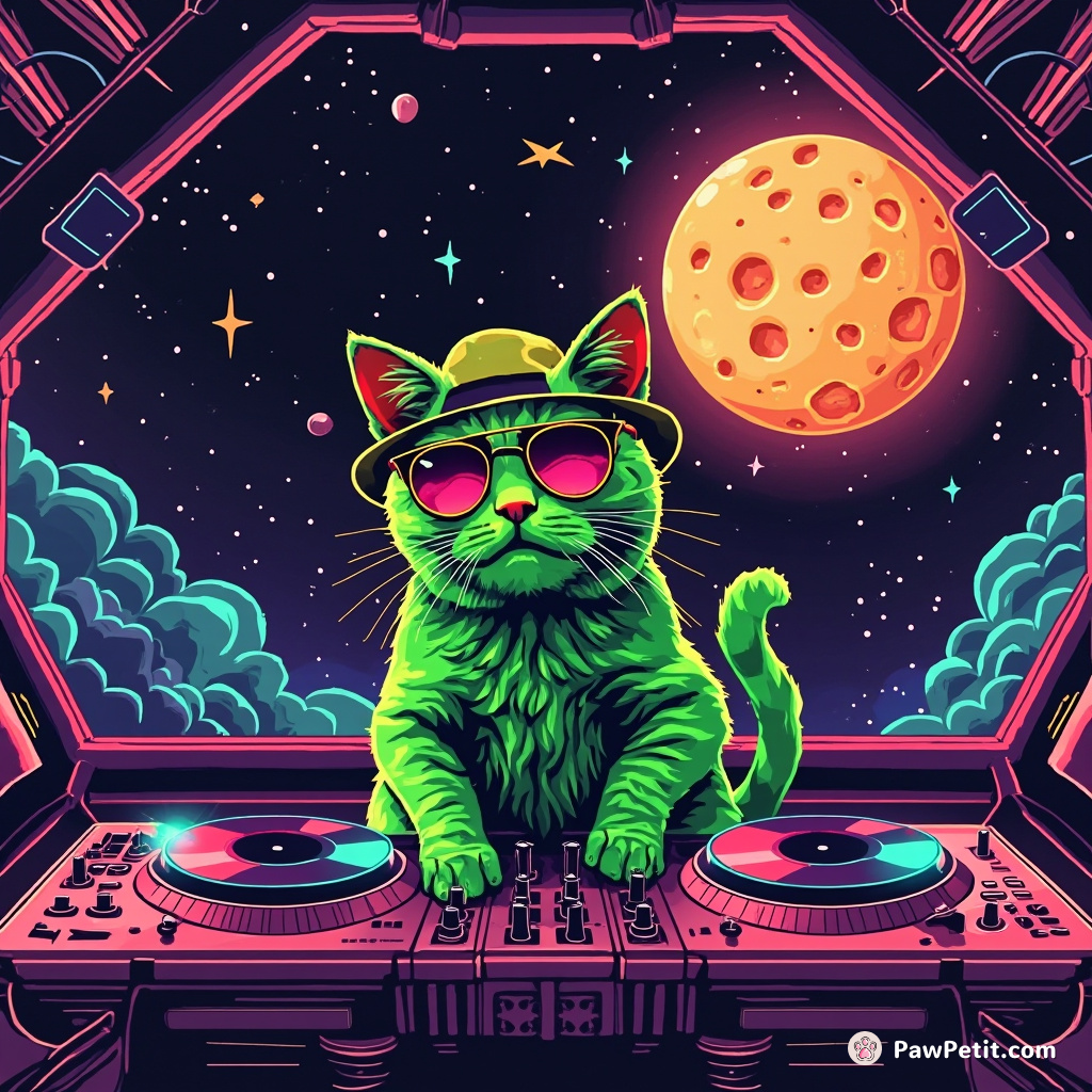 A neon green classy cat DJing on extraterrestrial fruit-turntables in a massive space station rotating around a cheese wheel planet.