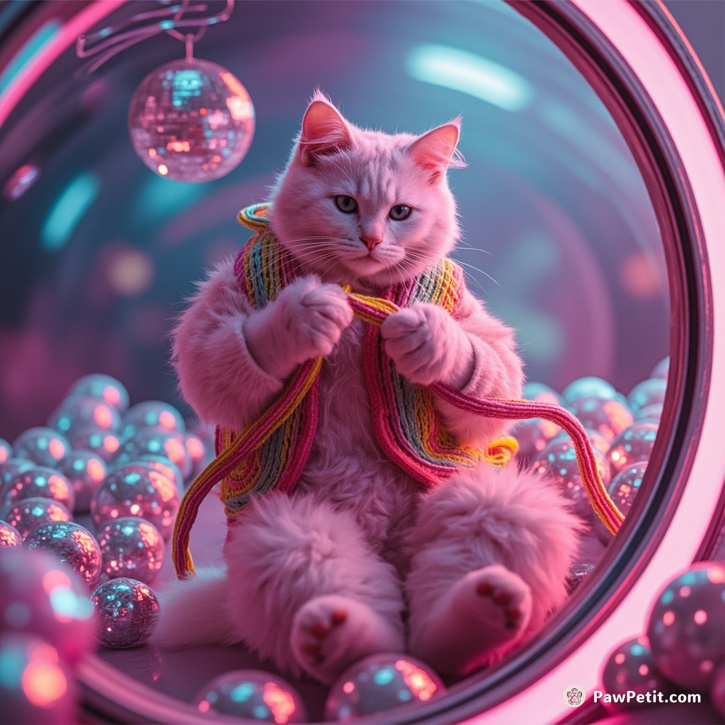 A pink astronaut cat serenely knitting an antigravity vest out of rainbow nebula threads while floating in a zero-gravity spaceship filled with disco balls.