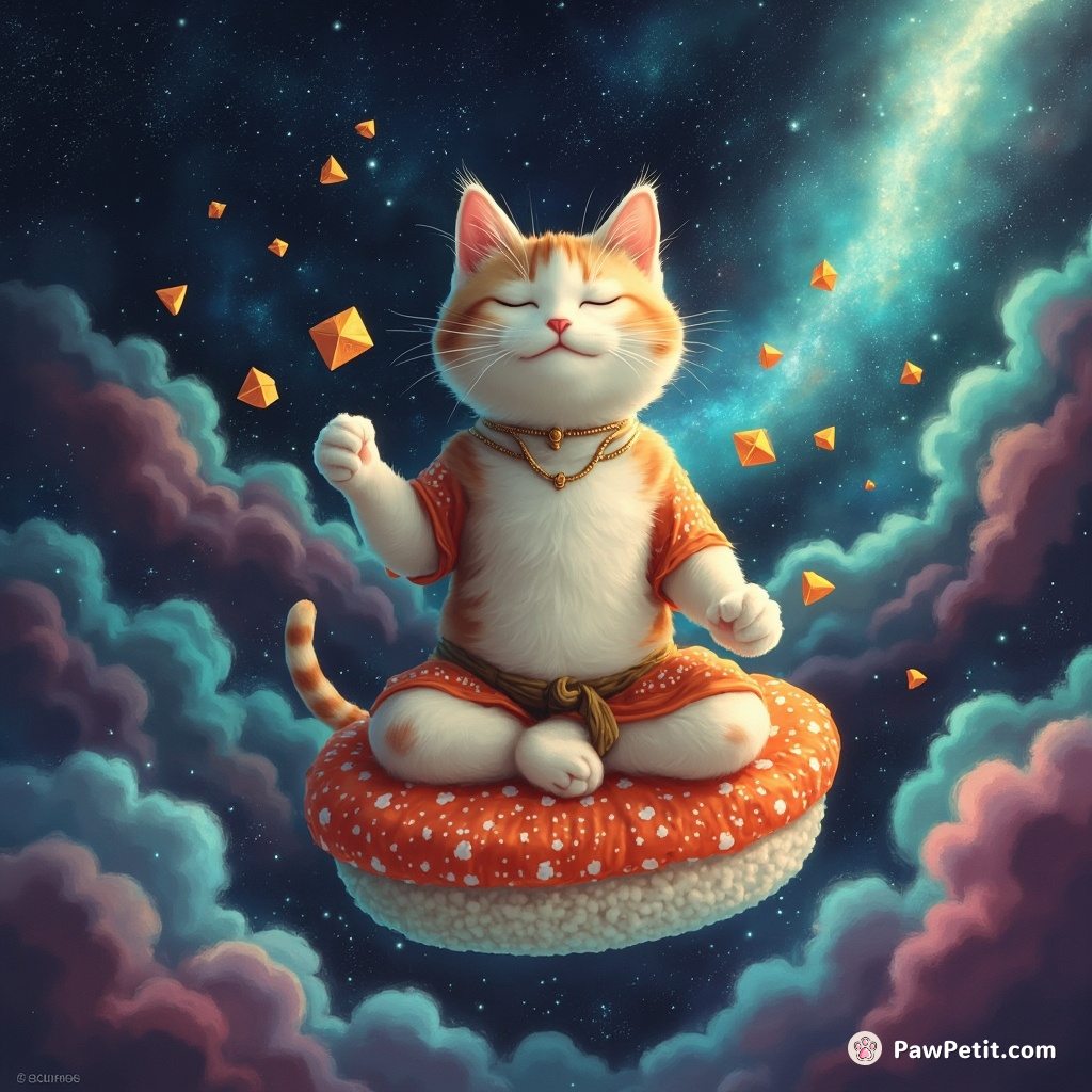 Cat meditating on a floating sushi comet through nebula space while juggling tiny pyramids.