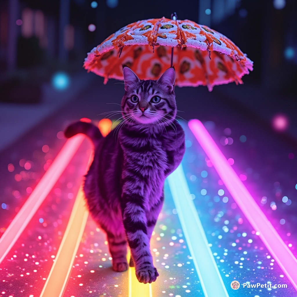 A purple-striped cat moonwalking on a sparkling rainbow, carrying an umbrella made of sushi rolls.