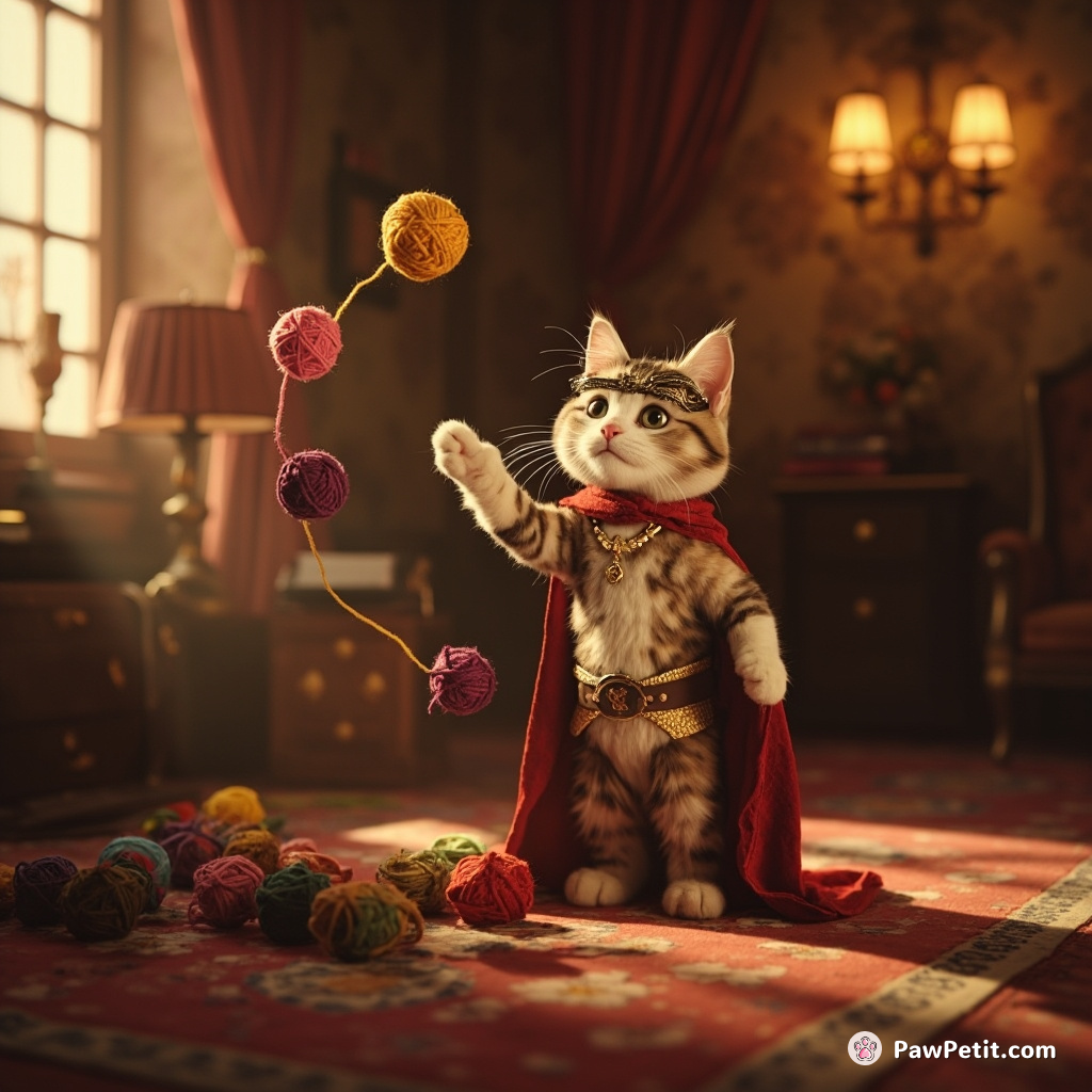 Once in a tiptoeing soiree, Sir Whiskers, the cat hero, deftly juggled enchanted yarn balls to save his furry kingdom.
