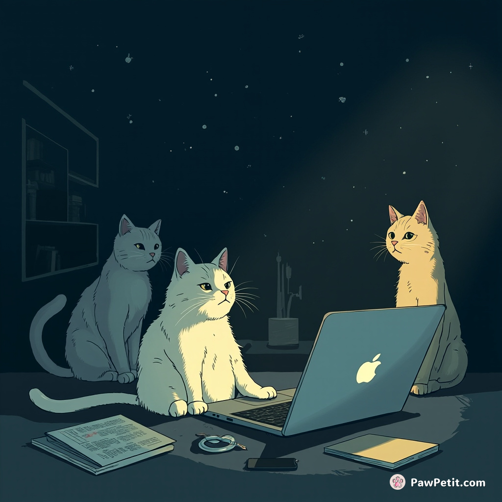 In stealth, a posse of homework-crunching cats initiated a midnight data recovery mission on their human's crashed laptop.