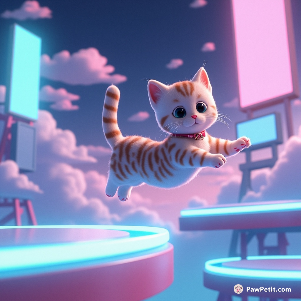 A nimble tabby leaps across floating neon platforms, its tail brushing holographic billboards in the sky-lit city.