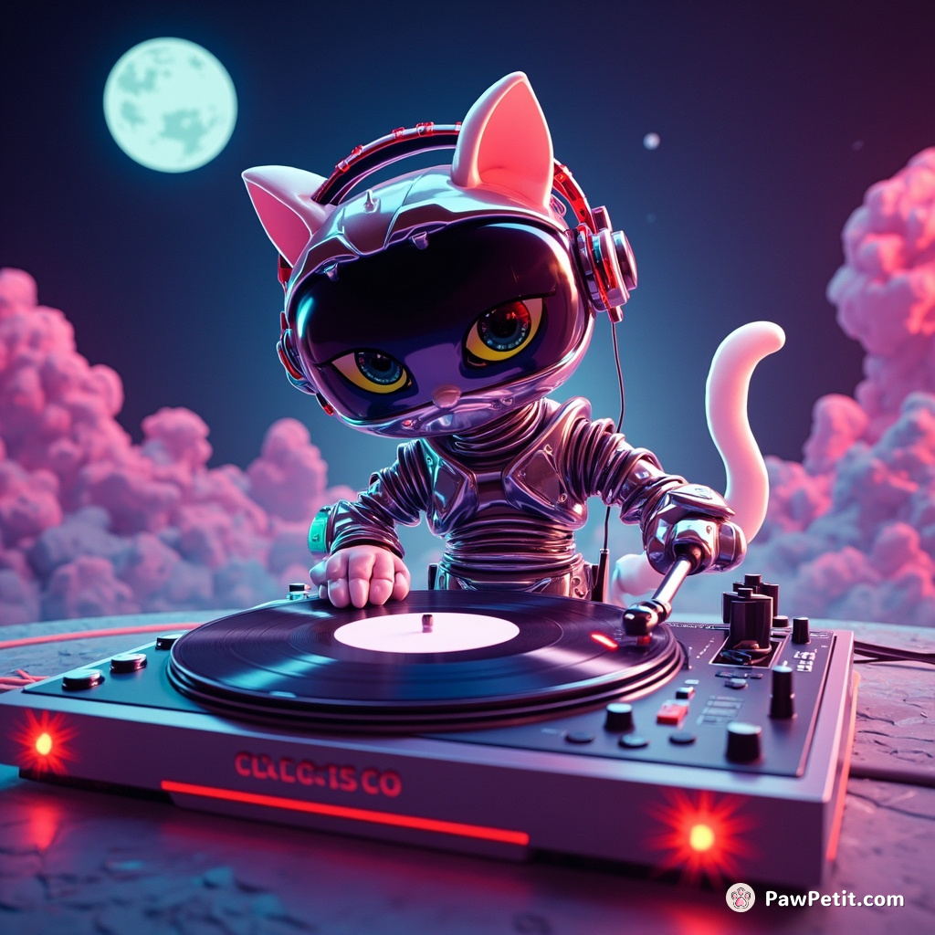 Cybernetic cat DJ spinning cosmic vinyl records on a lunar disco.