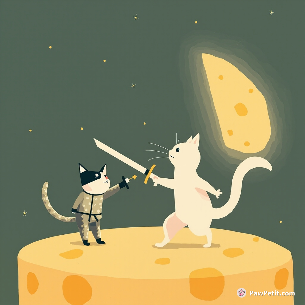 Cat fencing with a swordfish on a gigantic cheese moon.