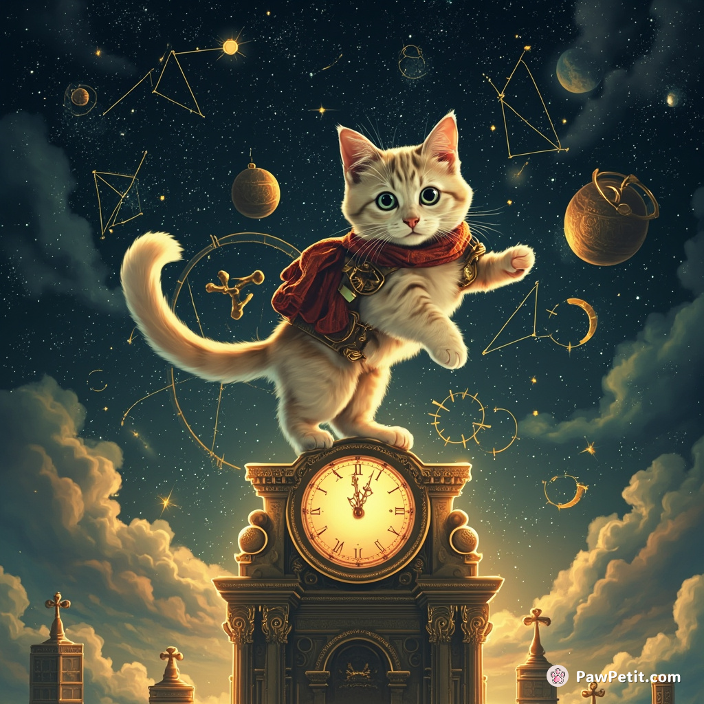 Steampunk cat performing an interpretive dance on a melting clock atop a rococo skyscraper against the backdrop of starlit Ancient Egyptian constellations.