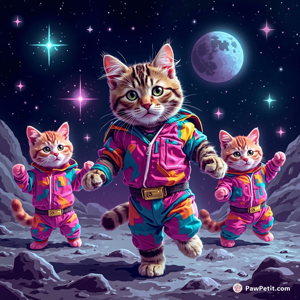Cat attending a futuristic disco party on the moon, dancing cheerfully with alien cats in neon outfits.