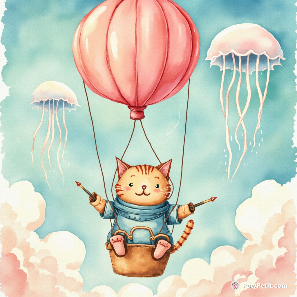 Cyborg cat piloting a Popsicle hot-air balloon amidst waltzing jellyfish clouds.