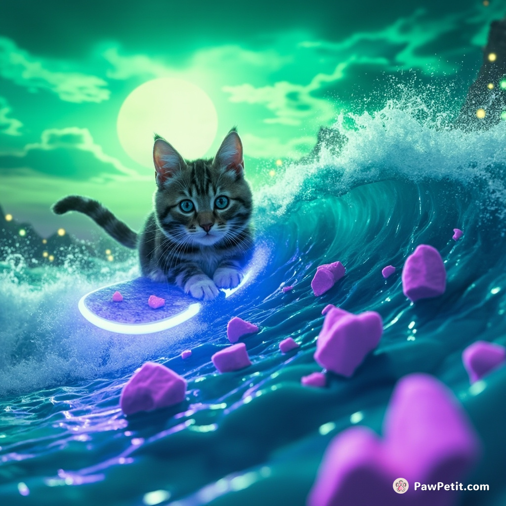 Cat surfing atop a tsunami of crystal-blue cheese studded with glowing purple toasting marshmallows, under a bright green, treacle-sweet sunset.