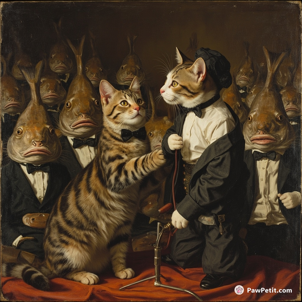 A cat performing a stand-up comedy routine to an audience of fish in bow-ties.
