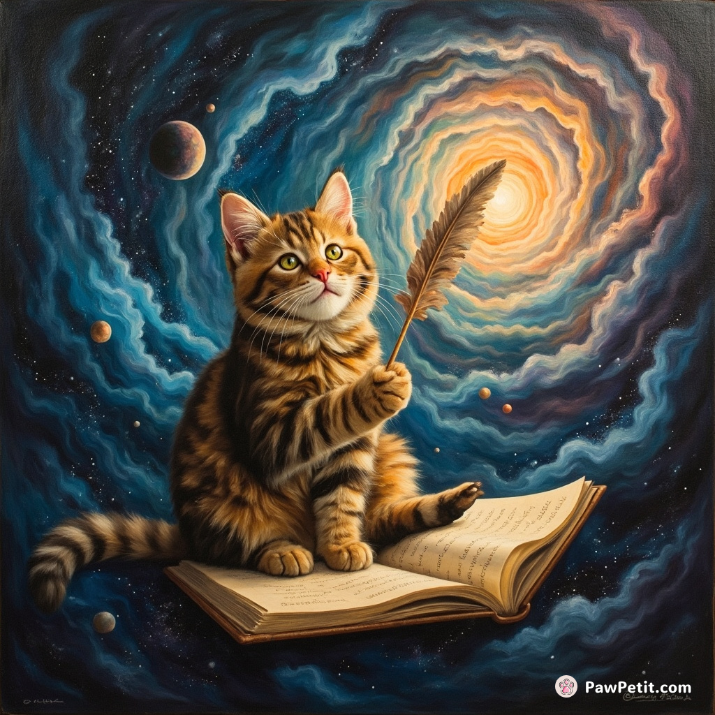 A poetic cat composing a stanza on a floating quill in the eye of a nebula storm.