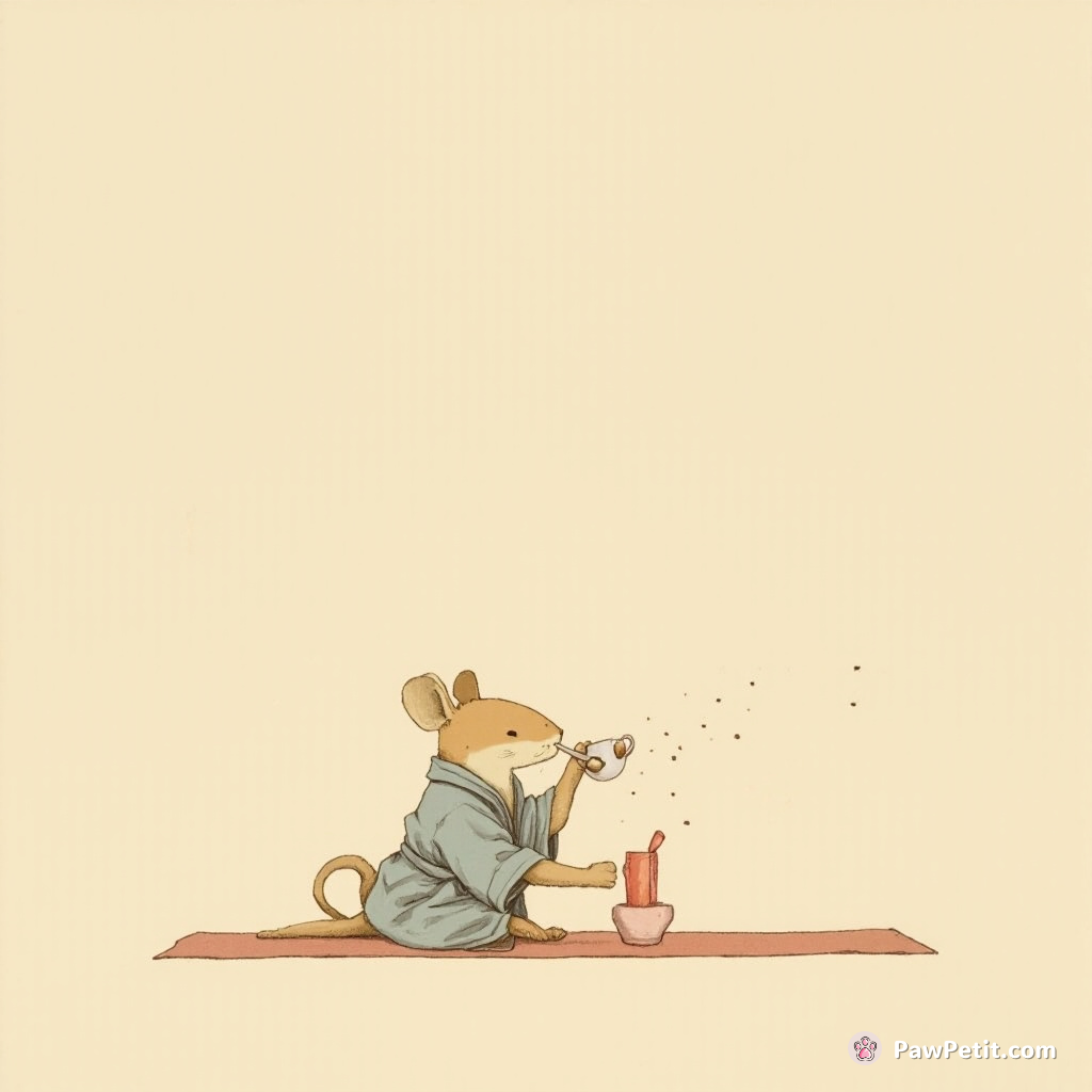 Whiskers dons a tiny bathrobe, sipping imaginary tea while perfecting his yoga "downward cat" pose.
