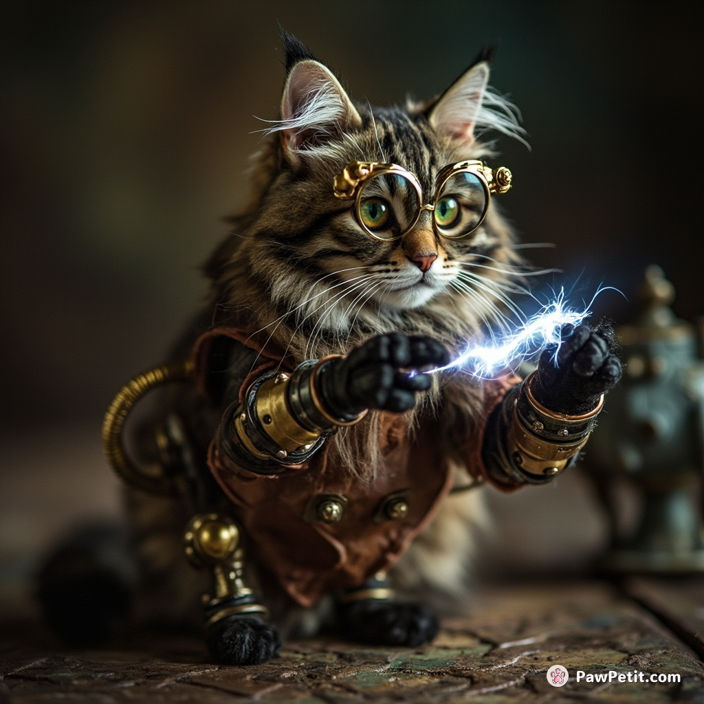 Steampunk cat with cybernetic limbs crafting a holographic mouse.
