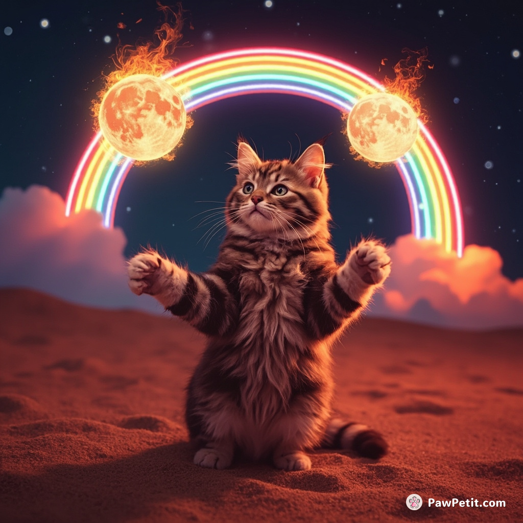 A velvet-furred cat juggling flaming moons under an upside-down neon rainbow in a polka-dotted desert night.