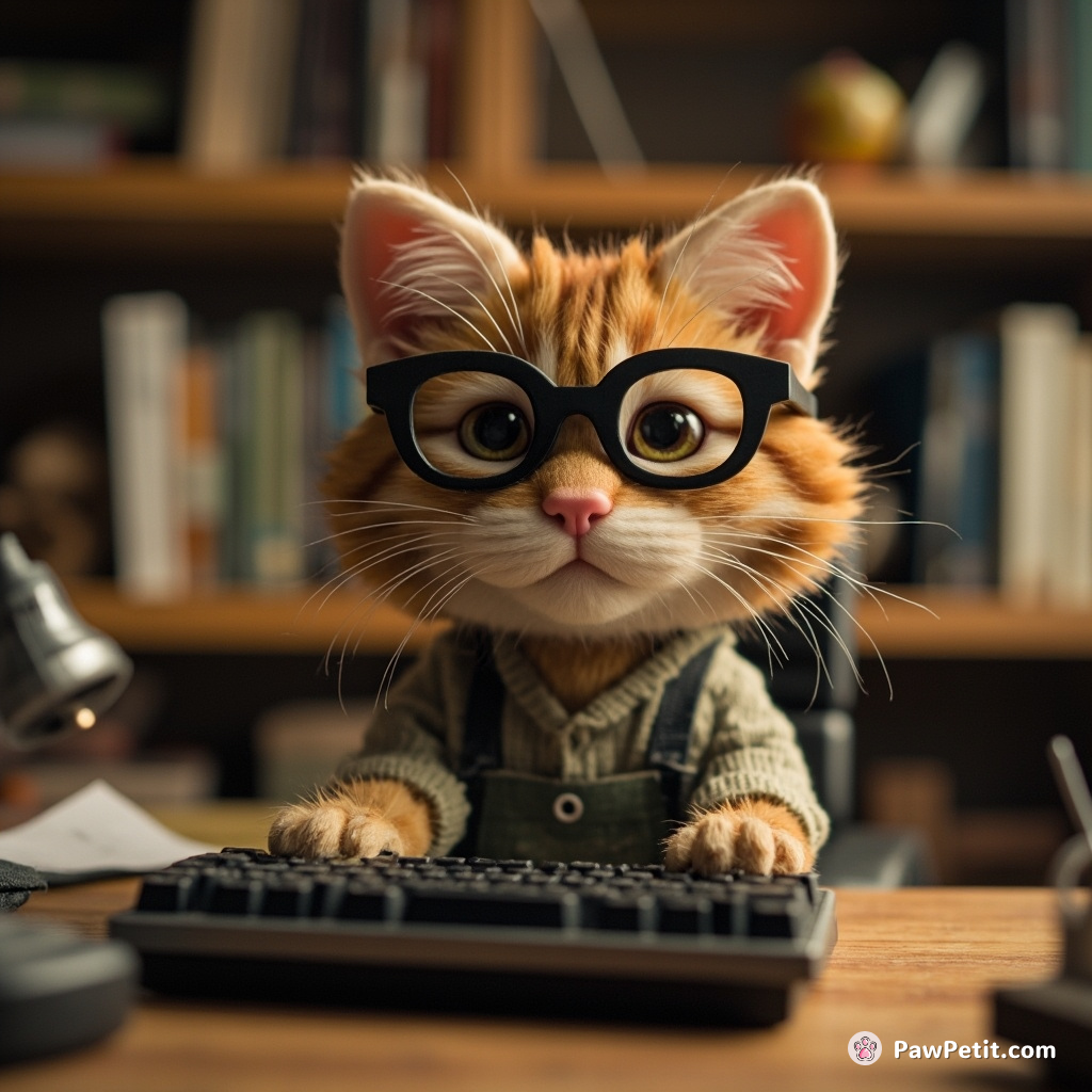 Whiskers dons glasses, sits at a tiny desk, and "works" by batting at a keyboard with a serious expression.