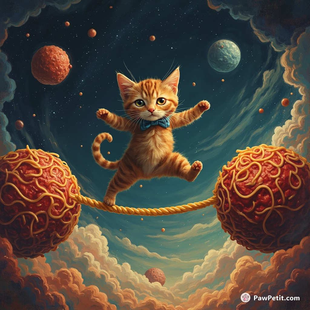 Cat tightrope-walking across a spaghetti noodle between two comically oversized meatballs in space.