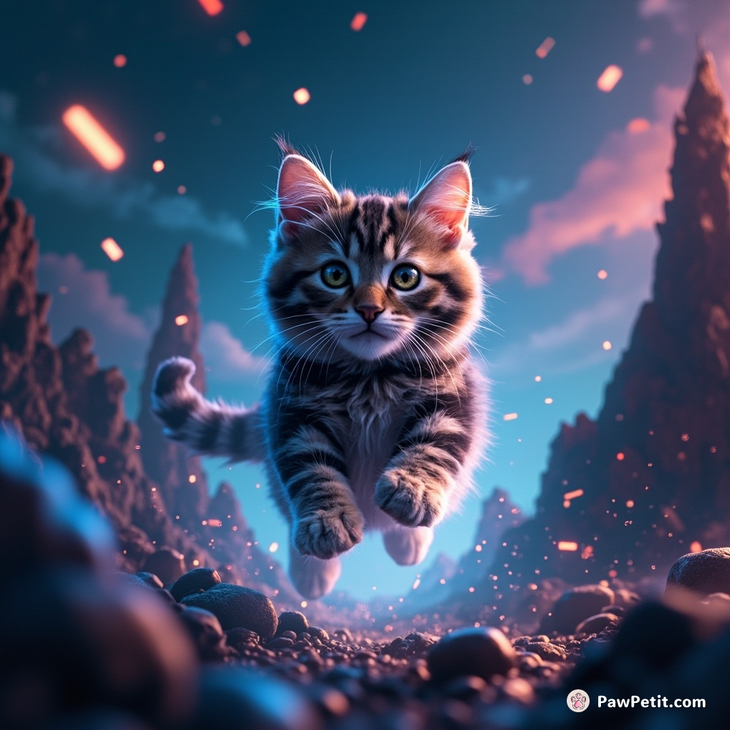 The digital cat leaps through pixelated landscapes, leaving trails of glowing data in its wake.