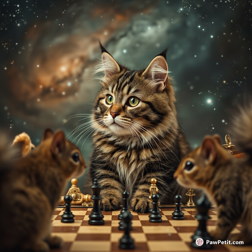 A Victorian-era cat playing chess with steampunk squirrels in a swirling galaxy.
