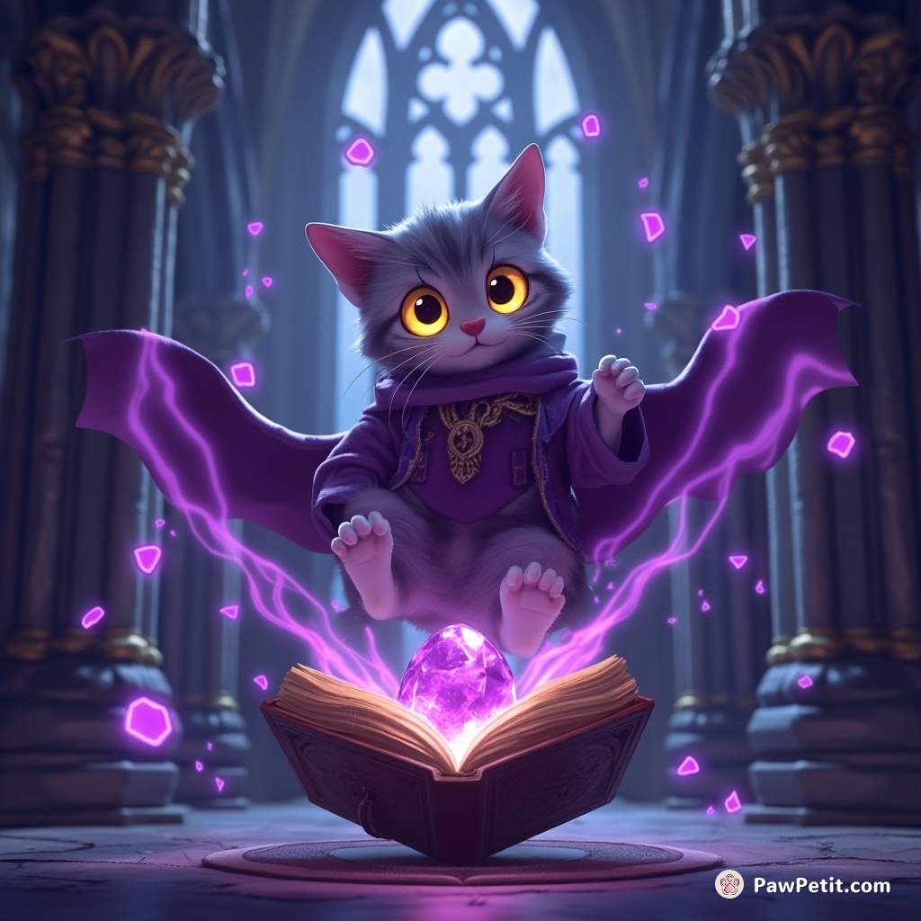 A cat levitating in a gothic cathedral, casting magical spells from an ancient book, with glowing amethyst eyes.