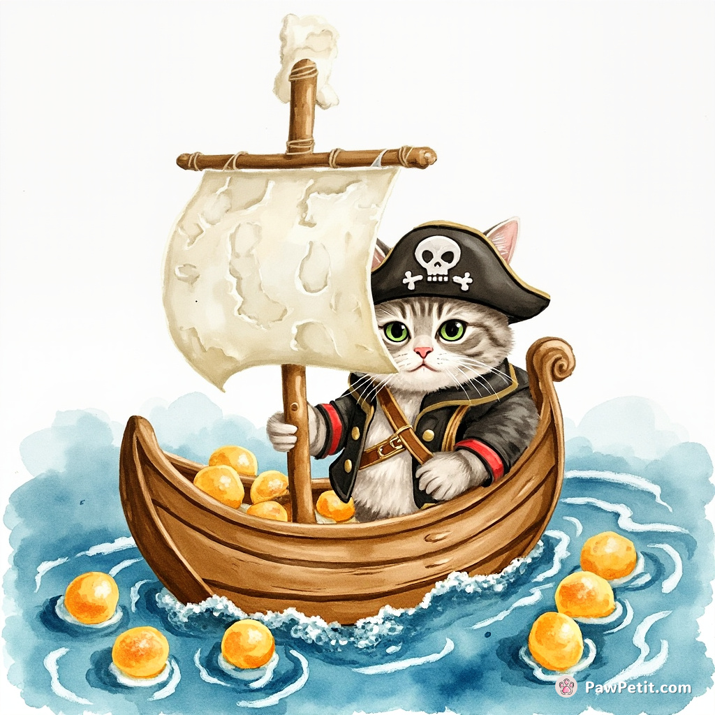A cat captaining a pirate ship made of blue cheese sailing on a sea of honeycombs under mozzarella stick mast.