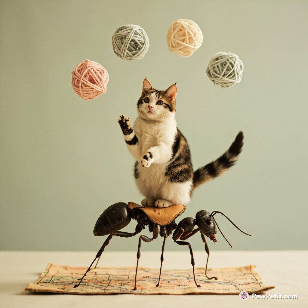 Cat juggling three crystalline yarn balls atop a carpenter ant with saddle on a road-map carpet in zero gravity.