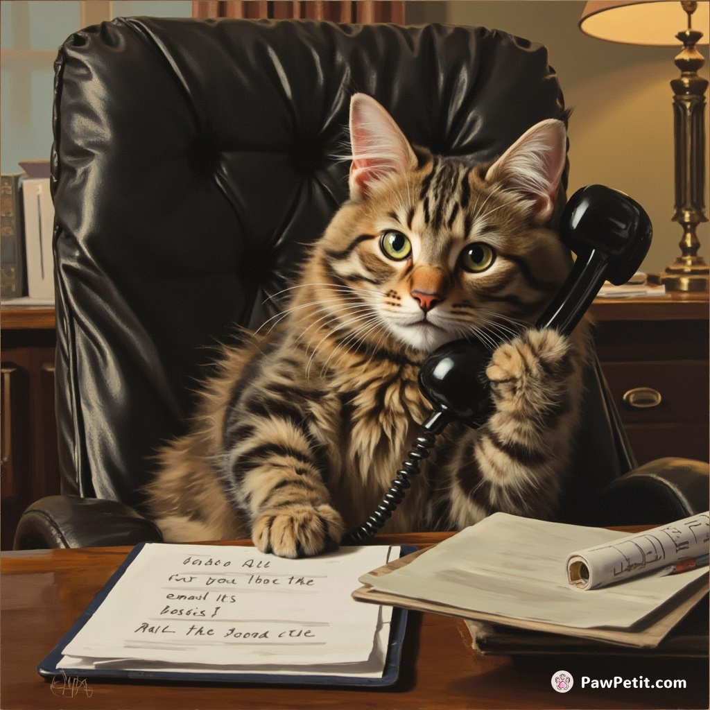 Spinning in an office chair, pretending to make calls, the cat surreptitiously presses “send all” on boss’s unfinished email.