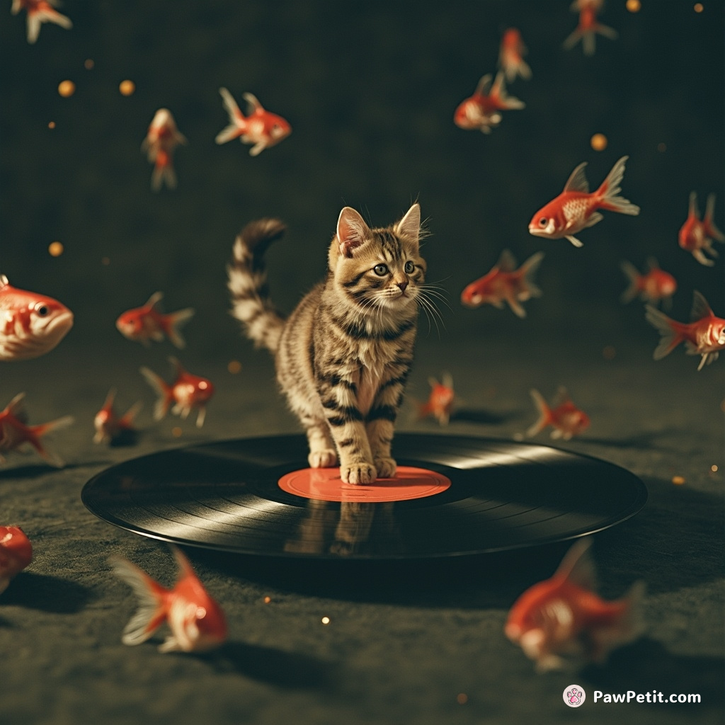 A cat precariously balancing on a spinning vinyl record in an immaterial universe where floating fish spin around like stars.