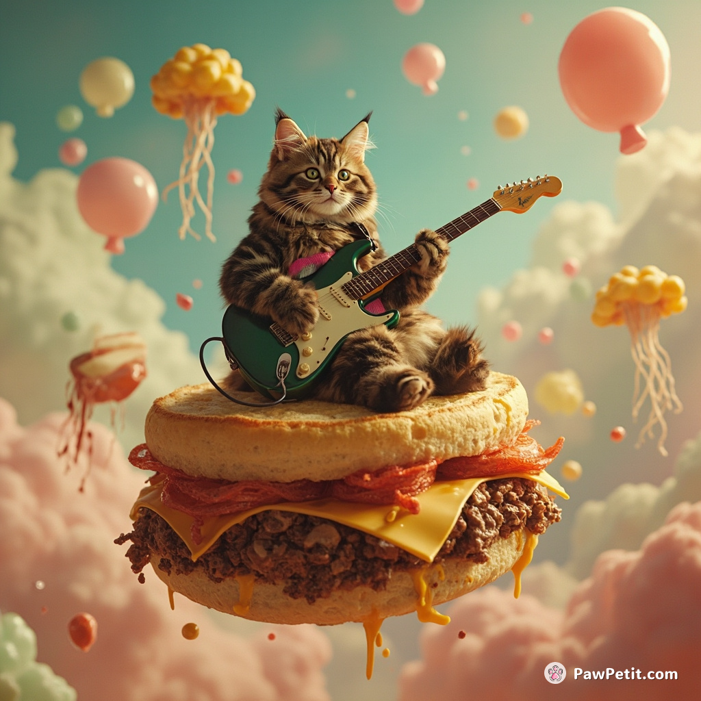 Cat playing electric guitar in a punk rock band on top of floating cheese sandwich, surrounded by jellyfish-air balloons in dessert candyland.