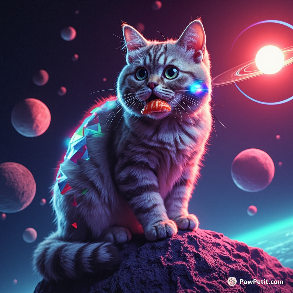 Cybernetic cat eating digital sushi on an asteroid orbiting a neon sun.