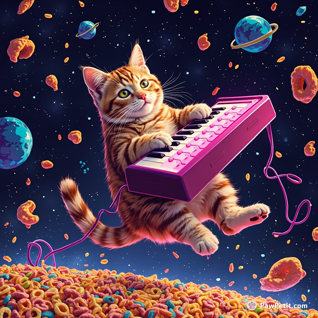 Cat playing a neon theremin floating through cosmic breakfast cereal in zero gravity.