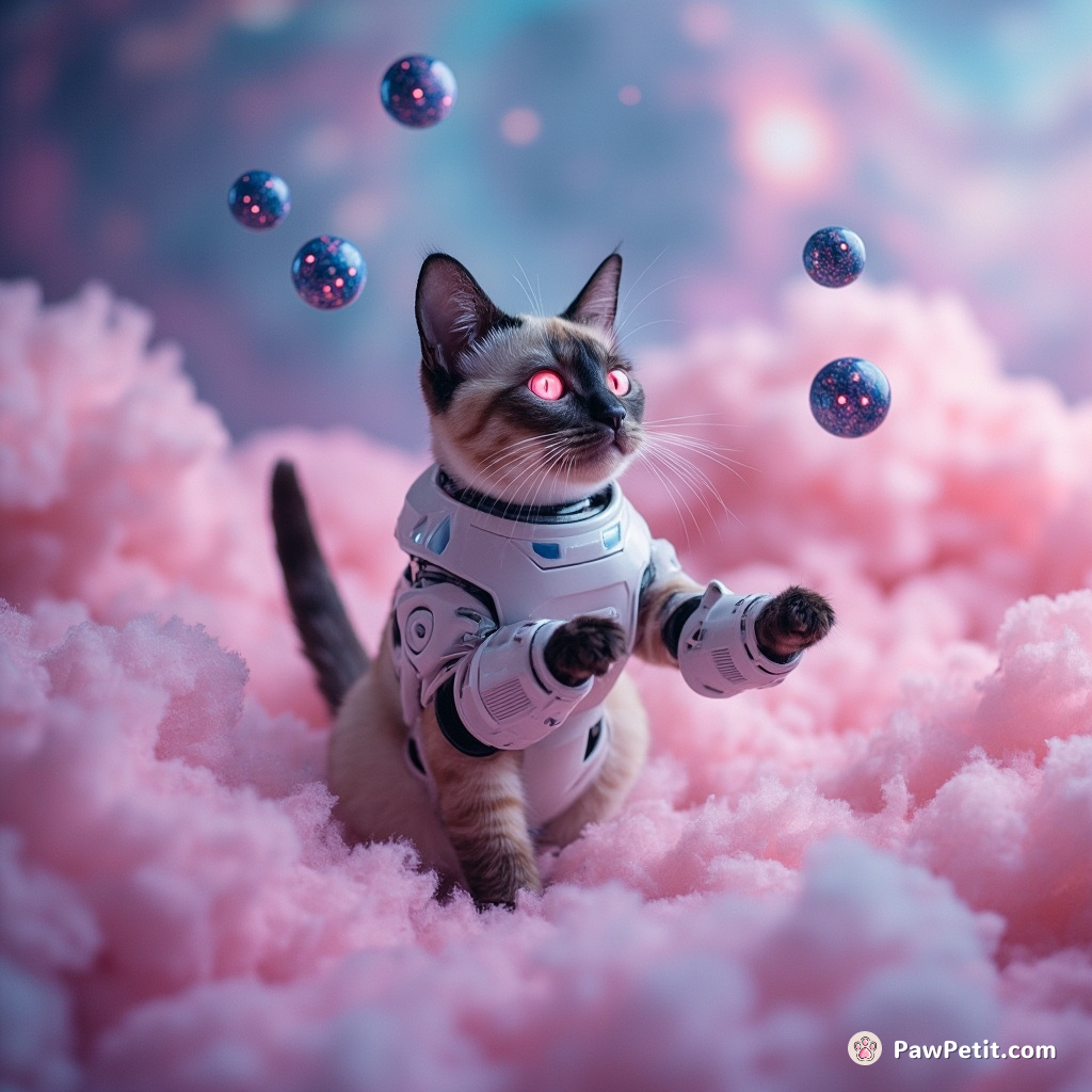 Cybernetic cat juggling miniature galaxies in a cotton candy nebula.