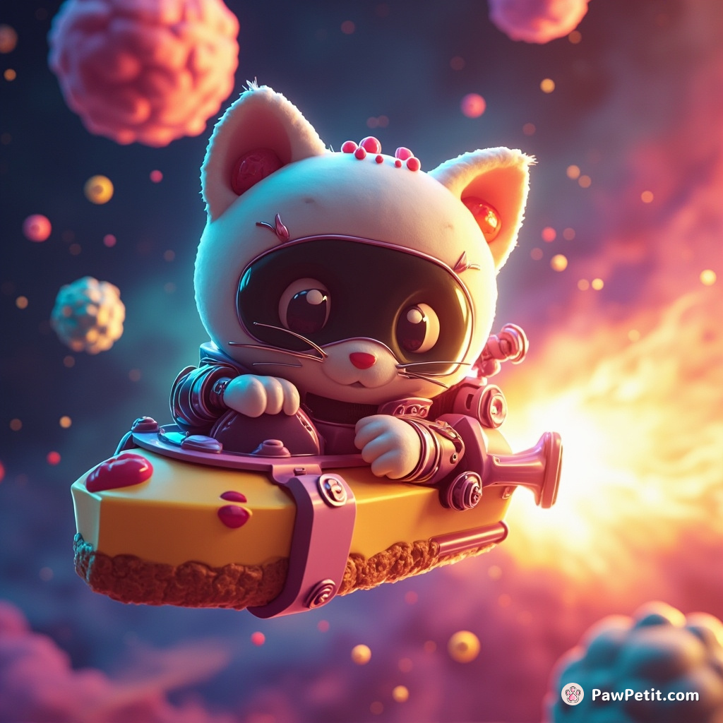 Cyborg kitty piloting a cheesecake spaceship through a soda nebula.