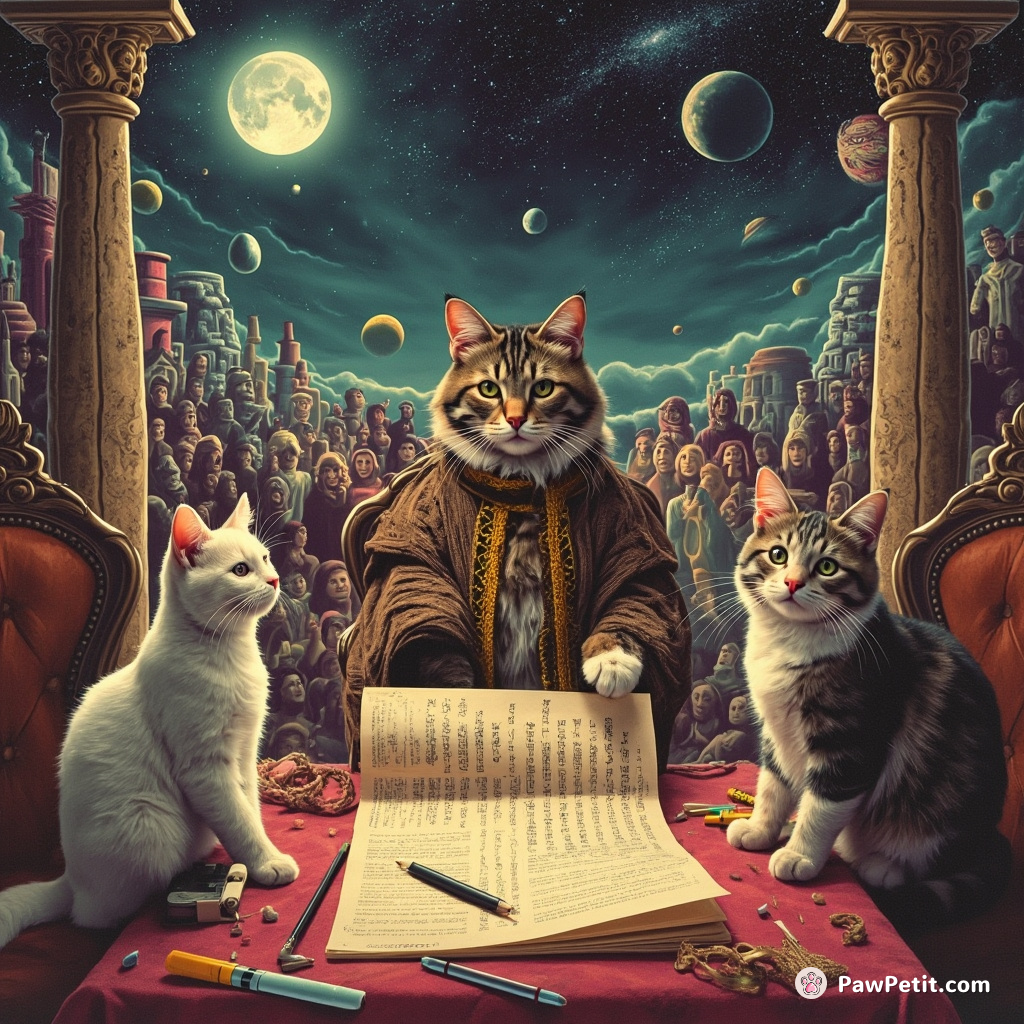 In a chaotic world, cats convene in grand councils, drafting laws for humans to obey.