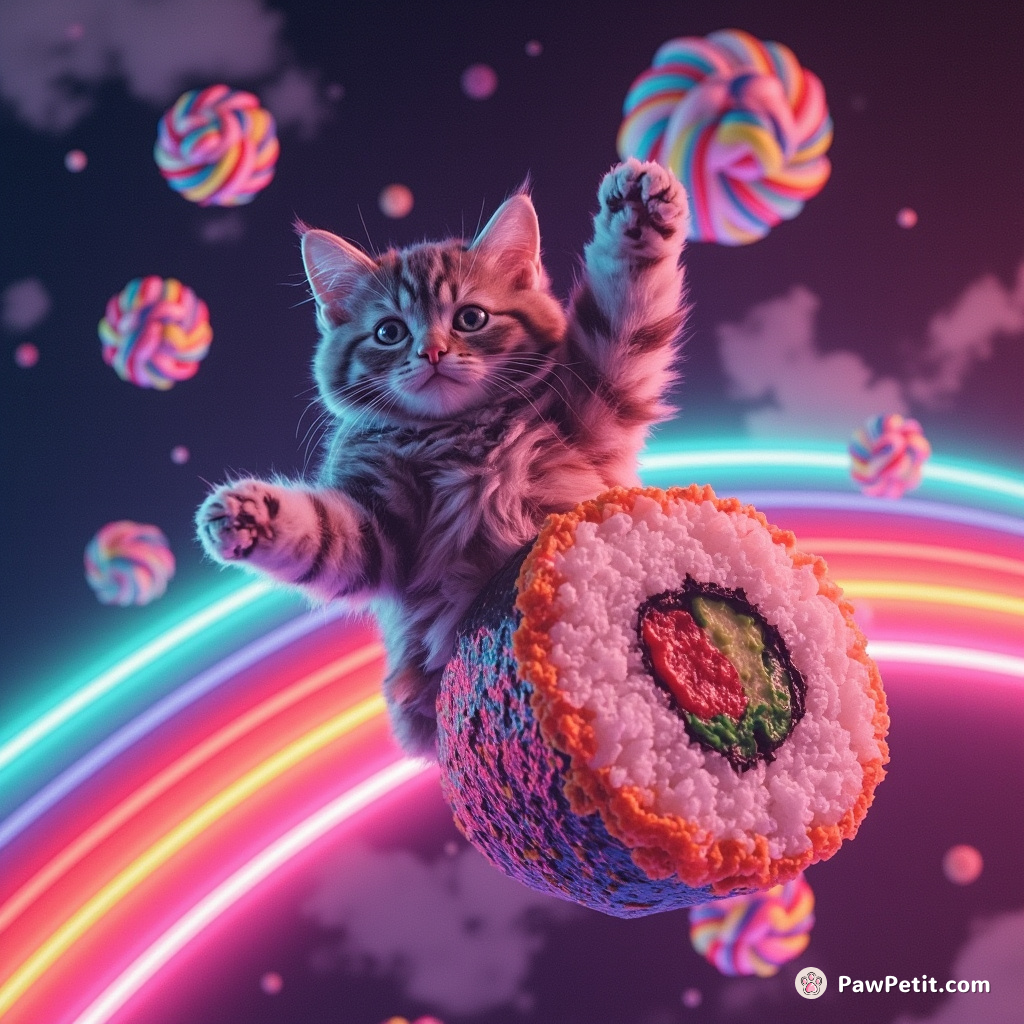 Cat victoriously riding a giant neon sushi roll over a lollipop rainbow in a psychedelic swirling cosmos.
