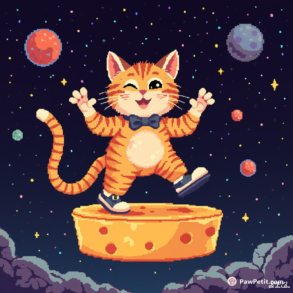 Giant cat tap dancing on a floating cheese in outer space.