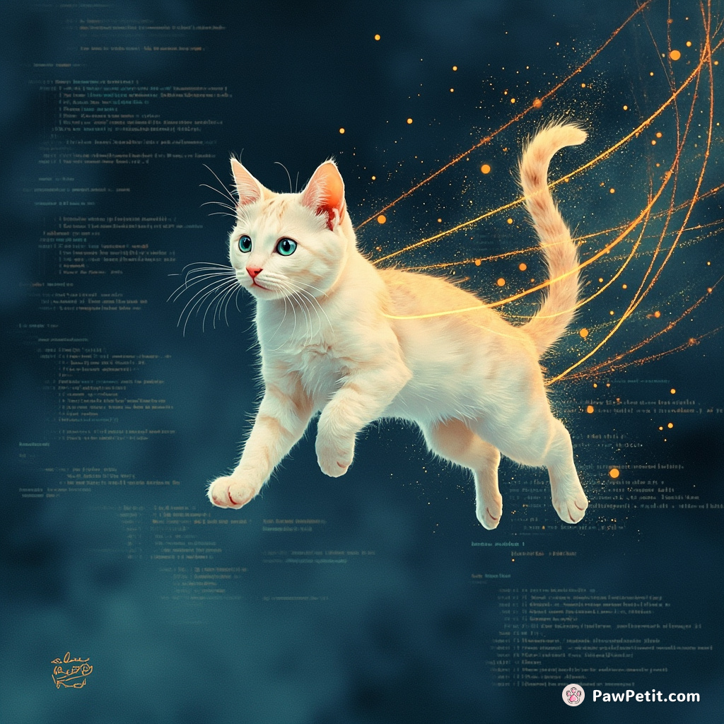 In a digital realm, the feline weaves through code, creating glowing trails with every graceful leap.